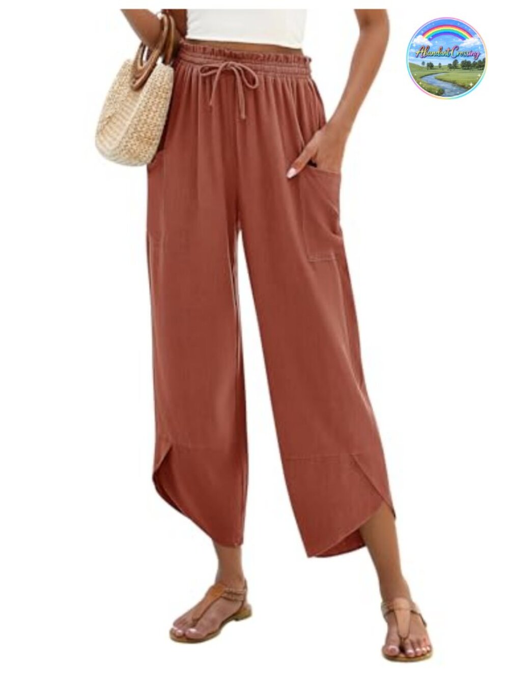 Linen Rayon Wide Leg Capri Palazzo Pants with Pockets